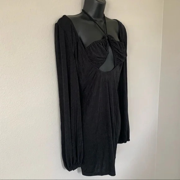 Princess Polly Celine Black Long Puff Sleeve Cut out Tie Neck Mini Dress - Picture 5 of 10